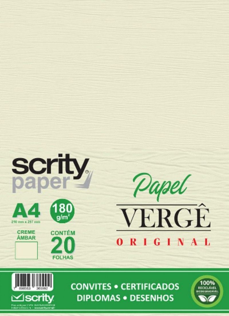 PAPEL VERGE 180G 20 FOLHAS CREME AMBAR SCRITY - REF. SP056.02 - 1 UNIDADE