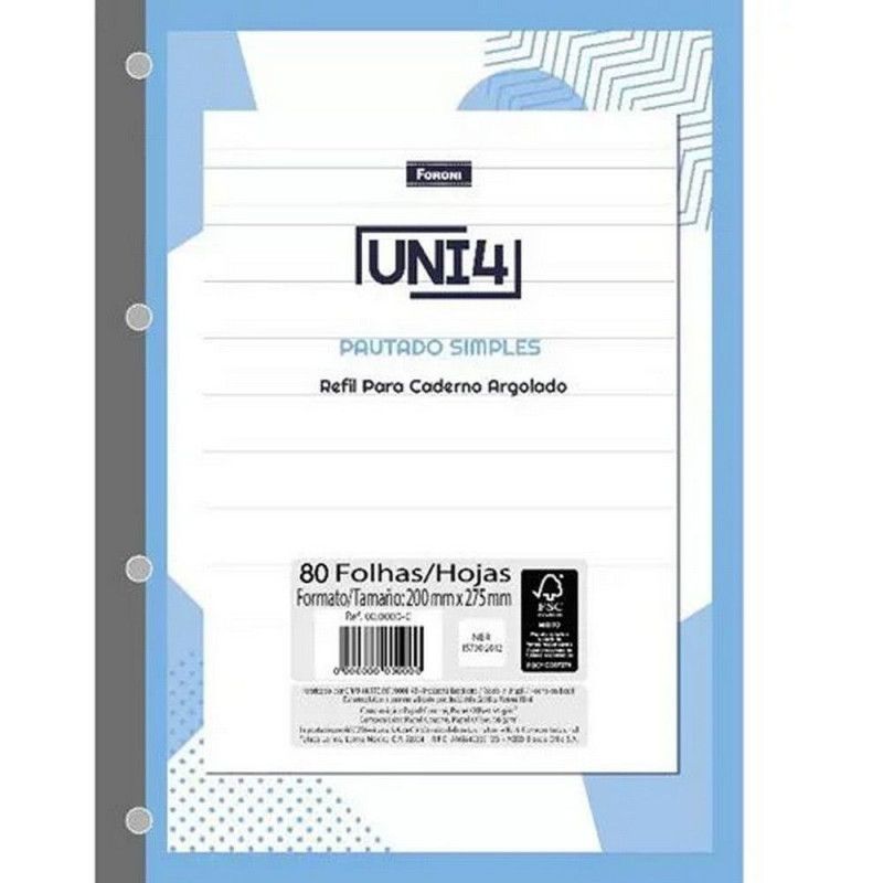BLOCO DE FICHARIO 80 FOLHAS UNIVERSITARIO 4 FUROS BRANCO FORONI - REF. 8944 - PACOTE COM 5 UNIDADES