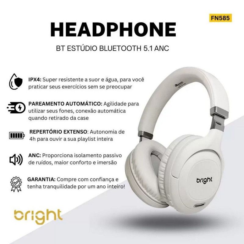 FONE OUVIDO BLUETOOH CANCELADOR DE RUIDOS BRANCO BRIGHT - REF. FN585 - 1 UNIDADE