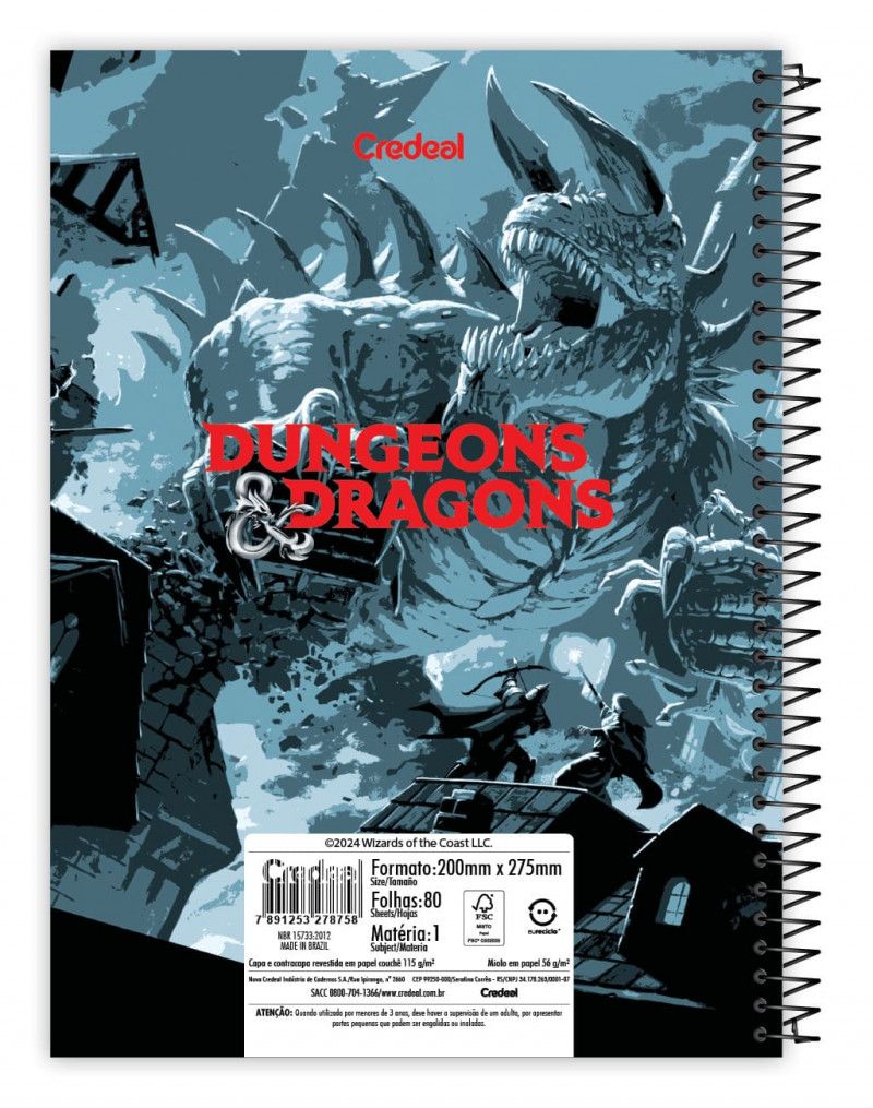 CADERNO 10 MATERIAS CAPA DURA 160FL DUNGEONS E DRAGONS CREDEAL - REF. 278765 - PACOTE COM 2 UNIDADES