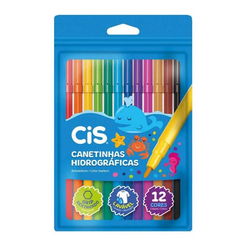 CANETA HIDROCOR CIS COM 12 CORES CIS - REF. 48.6103 - CAIXA COM 10 ESTOJOS