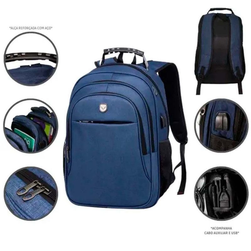 MOCHILA DE COSTAS MASCULINA COM CABO DE ACO AZUL YEPP - 1 UNIDADE