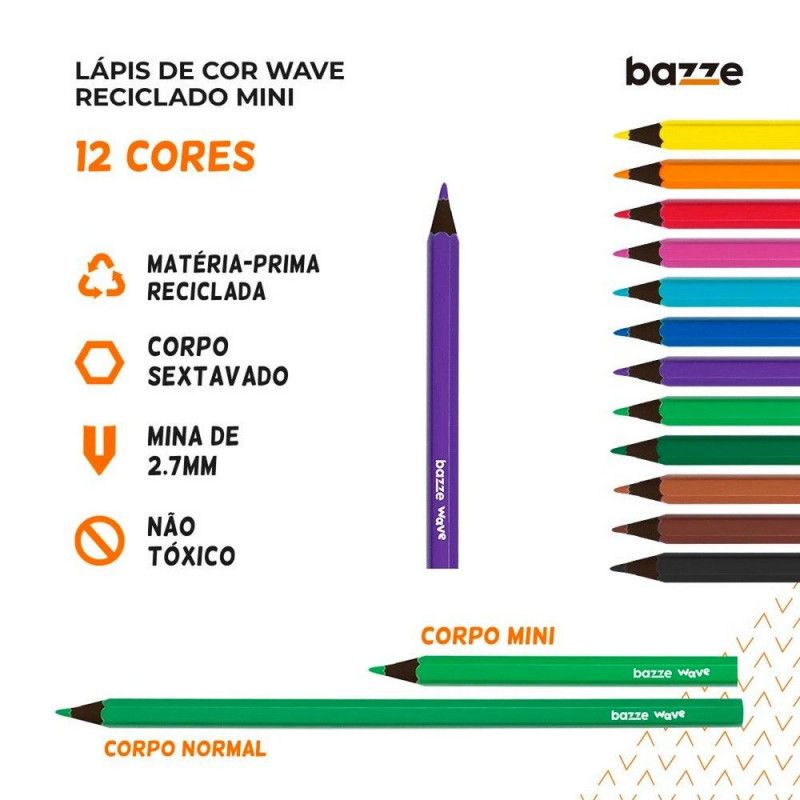 LAPIS 12 CORES CURTO WAVE BAZZE - REF. 901729 - PACOTE COM 12 UNIDADES