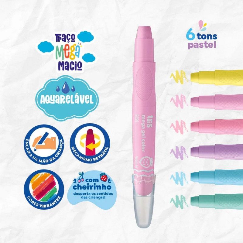 GIZAO DE CERA 6 CORES RETRATIL MEGA GEL PASTEL TRIS - REF. 632759 - CAIXA COM 4 BLISTERS