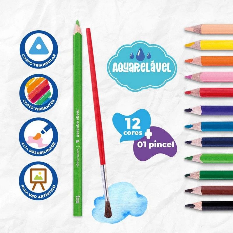 LAPIS 12 CORES AQUARELA + PINCEL TRIS - REF. 614984 - PACOTE COM 6 UNIDADES
