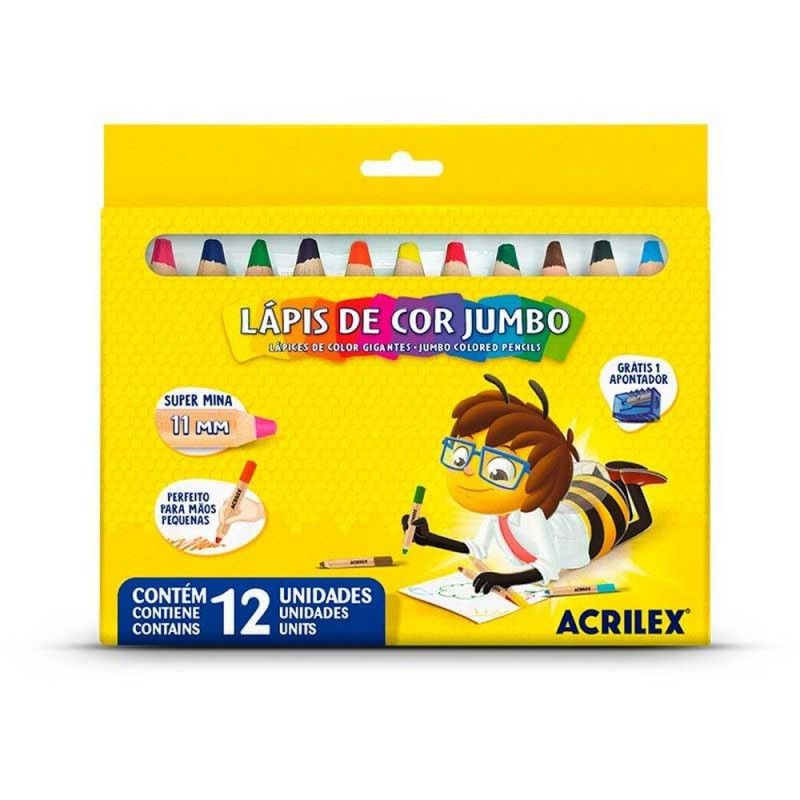 GIZAO DE CERA 12 CORES JUMBO MADEIRA ACRILEX - REF. 096210000 - PACOTE COM 5 UNIDADES