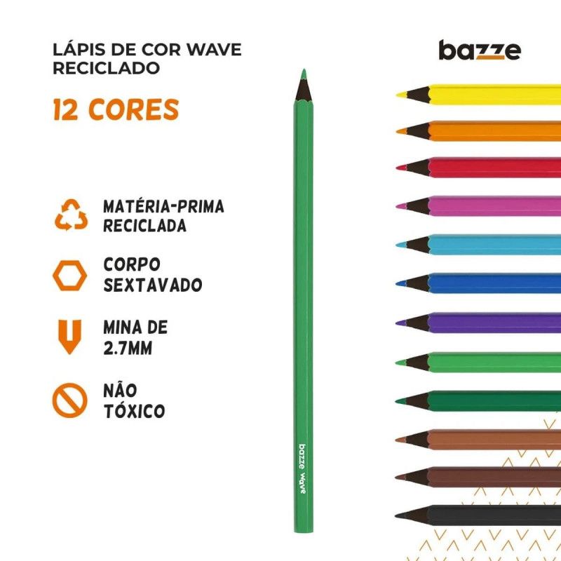 LAPIS 12 CORES SEXTAVADO RECICLADO WAVE BAZZE - REF. 902122 - PACOTE COM 12 UNIDADES