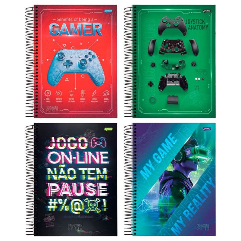 CADERNO 1 MATERIA CAPA DURA 80FL PLAYER 1 JANDAIA - REF. 69064-24 - PACOTE COM 4 UNIDADES