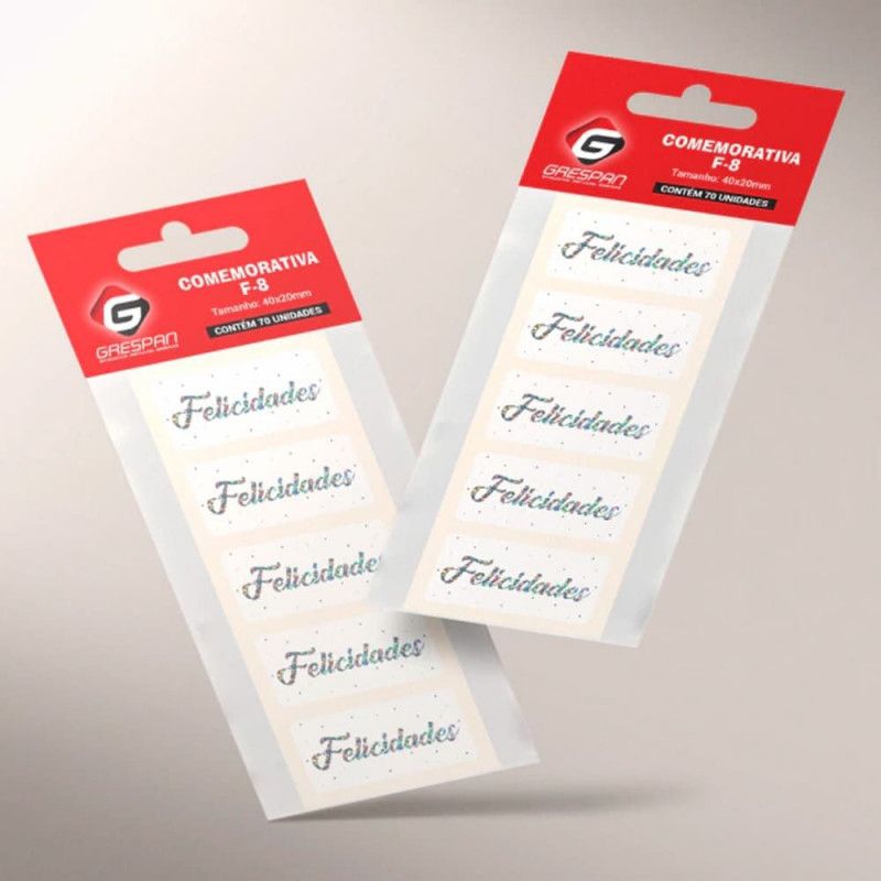 ETIQUETA PARA PRESENTE FELICIDADES PRATA F-8 COM 70 GRESPAN - REF. GR18753 - 1 UNIDADE