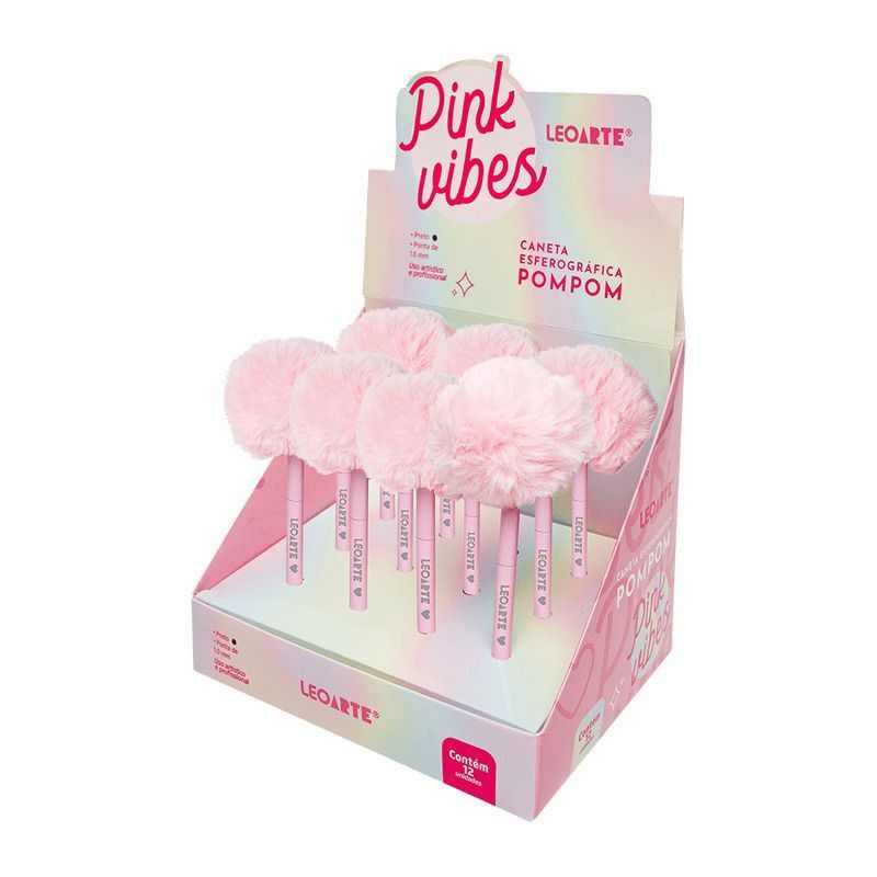 CANETA ESFEROGRAFICA POMPOM PINK VIBES - REF. 97913 - CAIXA COM 12 UNIDADES