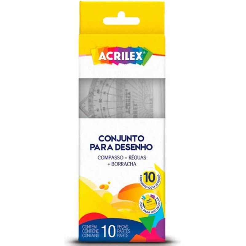 CONJUNTO PARA DESENHO GEOMETRICO COM 10 PECAS TRANSPARENTES ACRILEX - REF. 11722 - PACOTE COM 4 UNIDADES