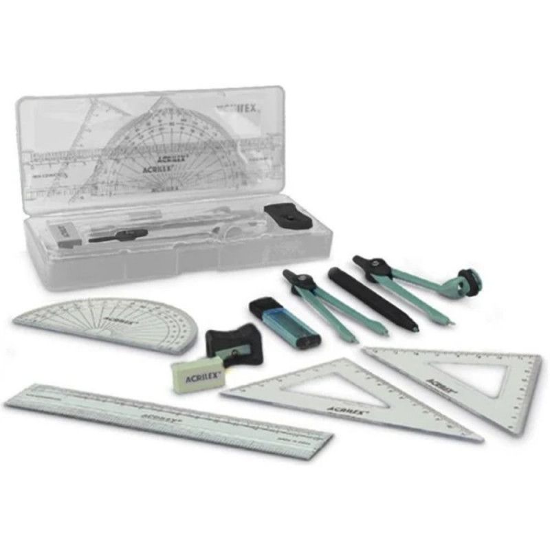 CONJUNTO PARA DESENHO GEOMETRICO COM 10 PECAS TRANSPARENTES ACRILEX - REF. 11722 - PACOTE COM 4 UNIDADES