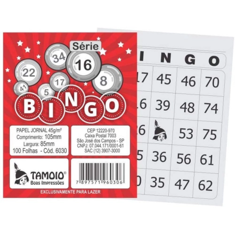 BLOCO DE BINGO 100 FOLHAS JORNAL PEQUENO TAMOIO - REF. 06030 - PACOTE COM 15 UNIDADES