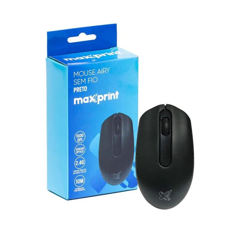 MOUSE AIRY SEM FIO 2.4G 1600DPI PRETO MAXPRINT - REF. 60000139 - 1 UNIDADE