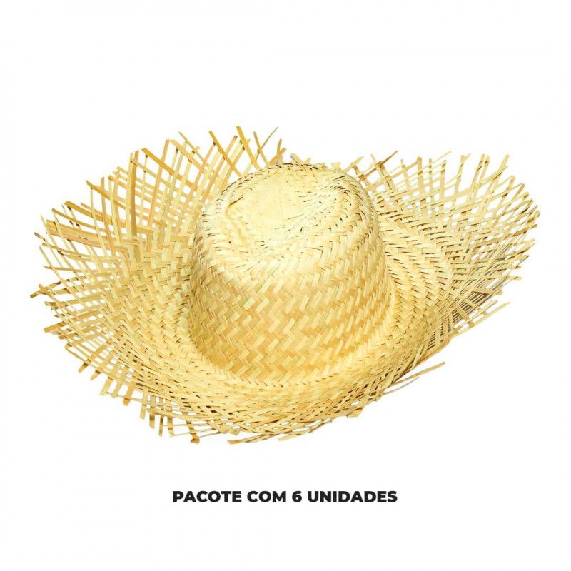 CHAPEU DE PALHA DESFIADO NATURAL KLF FESTAS - REF. C008 - PACOTE COM 6 UNIDADES