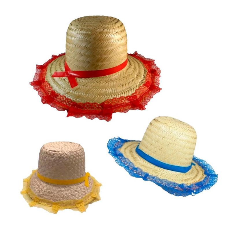 CHAPEU DE PALHA FOFAO COM RENDA BABY KLF FESTA - REF. C068 - PACOTE COM 25 UNIDADES