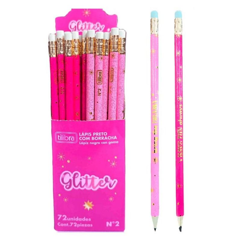LAPIS PRETO N.2 REDONDO COM BORRACHA GLITTER ROSA - REF. 35250 - CAIXA COM 72 UNIDADES