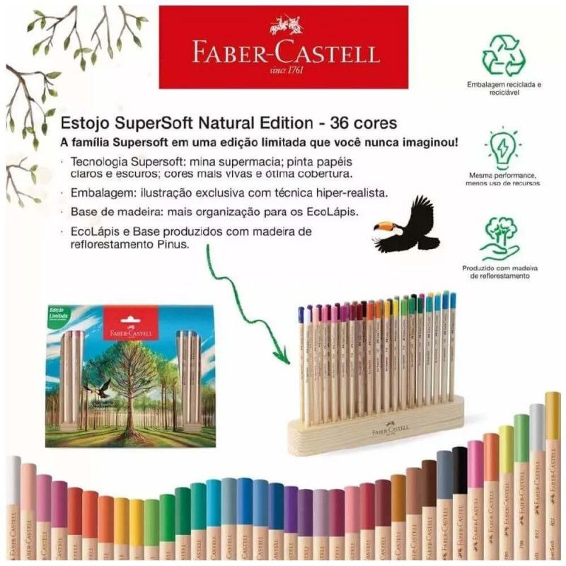 LAPIS DE COR ECOLÁPIS SUPERSOFT NATURAL EDITION 36 CORES + ESTOJO DE MADEIRA EDIÇÃO LIMITADA FABER-CASTELL 120736SOFT COM 4 UNIDADES
