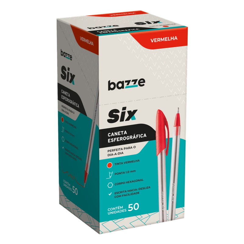 CANETA ESFEROGRAFICA 1.0 SIX VERMELHO BAZZE - REF. 653419 - CAIXA COM 50 UNIDADES