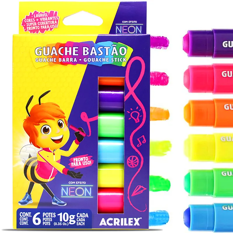 TINTA GUACHE 10G BASTAO NEON 6 CORES ACRILEX - REF. 2008 - PACOTE COM 4 UNIDADES