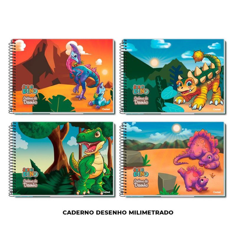 CADERNO CARTOGRAFIA CAPA DURA MILIMETRADO 80FL SUPER DINO CREDEAL - REF. 284582 - PACOTE COM 5 UNIDADES