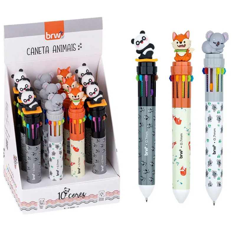 CANETA ESFEROGRAFICA 0.7 10 CORES ANIMAIS BRW - REF. CA0510 - CAIXA COM 12 UNIDADES
