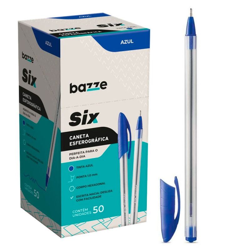 CANETA ESFEROGRAFICA 1.0 SIX AZUL BAZZE - REF. 653402 - CAIXA COM 50 UNIDADES