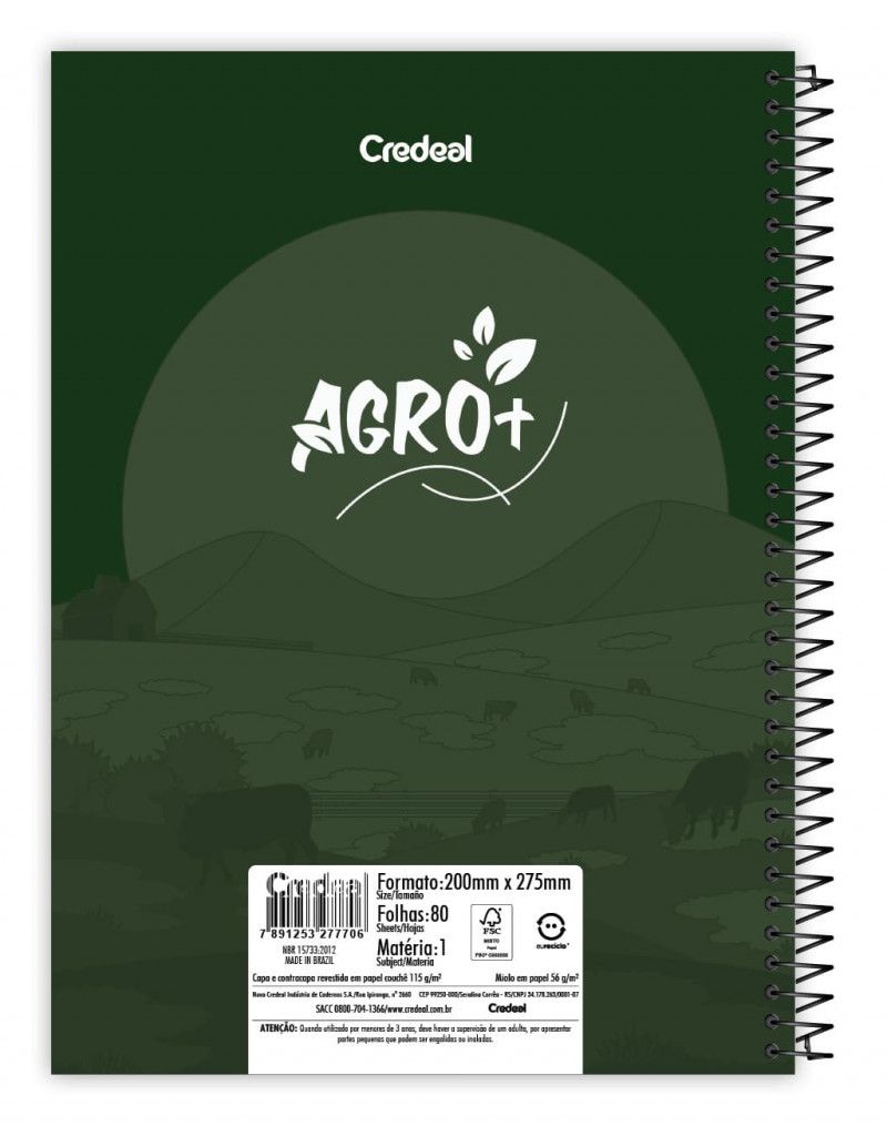 CADERNO 1 MATERIA CAPA DURA 80 FOLHAS AGRO+ CREDEAL - REF. 277706 - PACOTE COM 3 UNIDADES