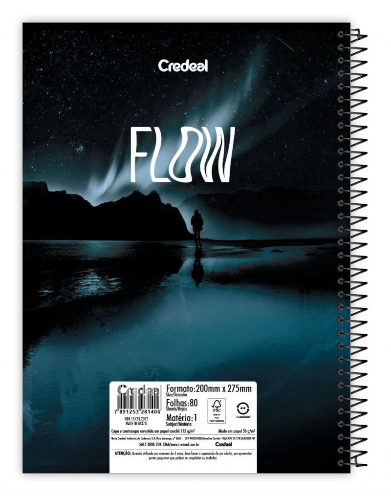 CADERNO 1 MATERIA CAPA DURA 80 FOLHAS FLOW CREDEAL - REF. 281406 - PACOTE COM 3 UNIDADES