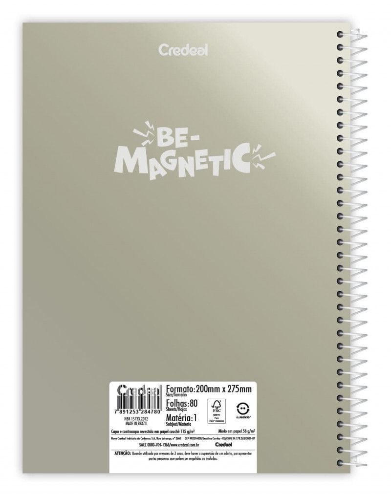 CADERNO 1 MATERIA CAPA DURA 80 FOLHAS BE-MAGNETIC CREDEAL - REF. 284780 - PACOTE COM 3 UNIDADES