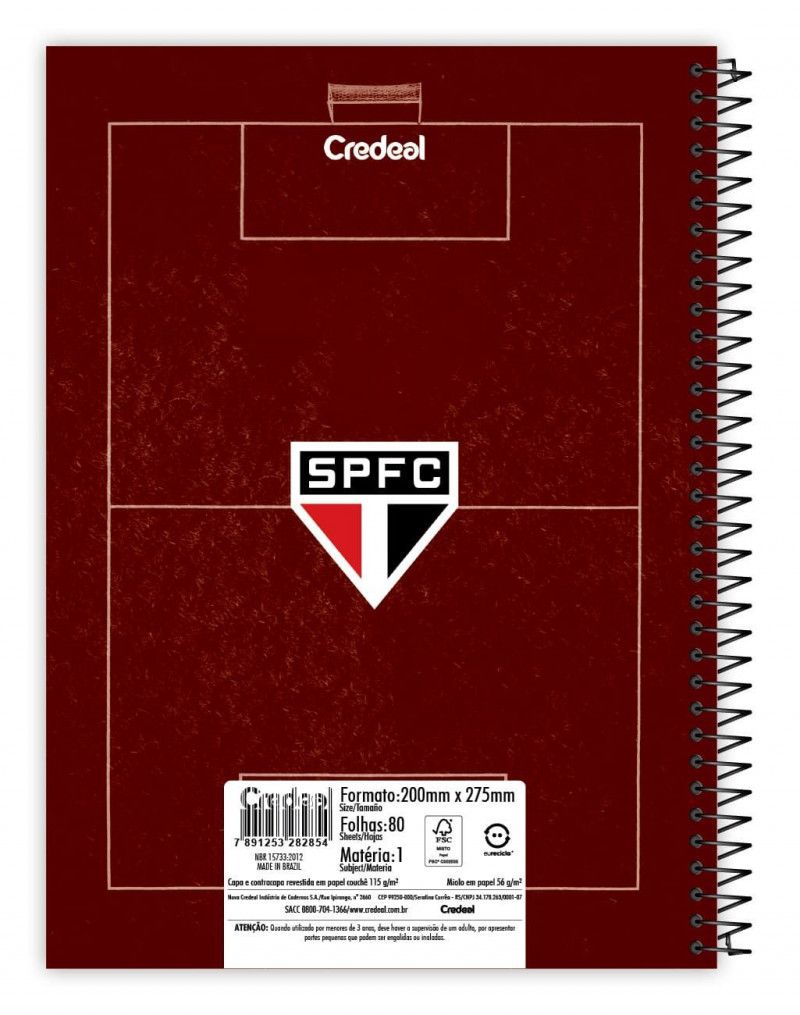 CADERNO 20 MATERIAS CAPA DURA 320 FOLHAS SPFC CREDEAL - REF. 284452 - PACOTE COM 2 UNIDADES