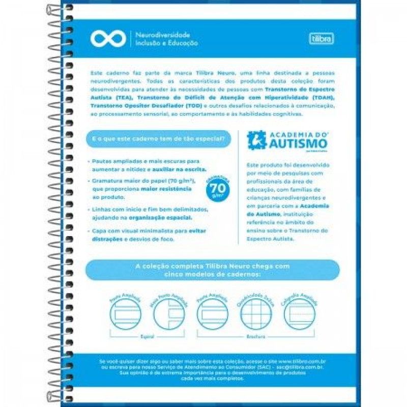 CADERNO 1 MATERIA CAPA DURA PAUTA AMPLIADA NEURO TILIBRA - REF. 385166 - PACOTE COM 4 UNIDADES
