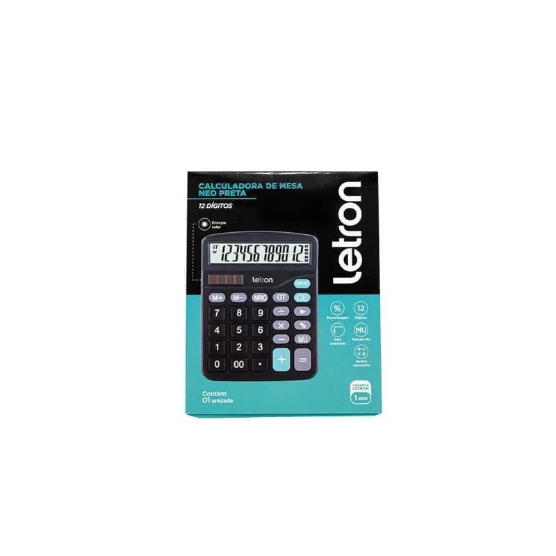 CALCULADORA 12 DIGITOS PILHA NEO SOLAR PRETO 14,8CM LETRON - REF. 99323 - 1 UNIDADE