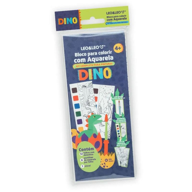 BLOCO DE COLORIR COM AQUARELA DINO LEO E LEO - REF. 91824 - CAIXA COM 12 UNIDADES