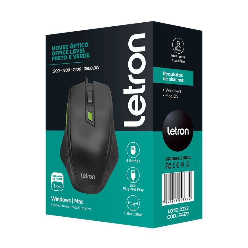 MOUSE OPTICO USB OFFICE LEVEL PRETO/VERDE LETRON - REF. 74378 - 1 UNIDADE