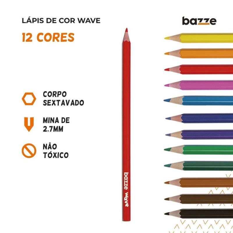 LAPIS 12 CORES SEXTAVADO WAVE BAZZE - REF. 612942 - PACOTE COM 12 UNIDADES