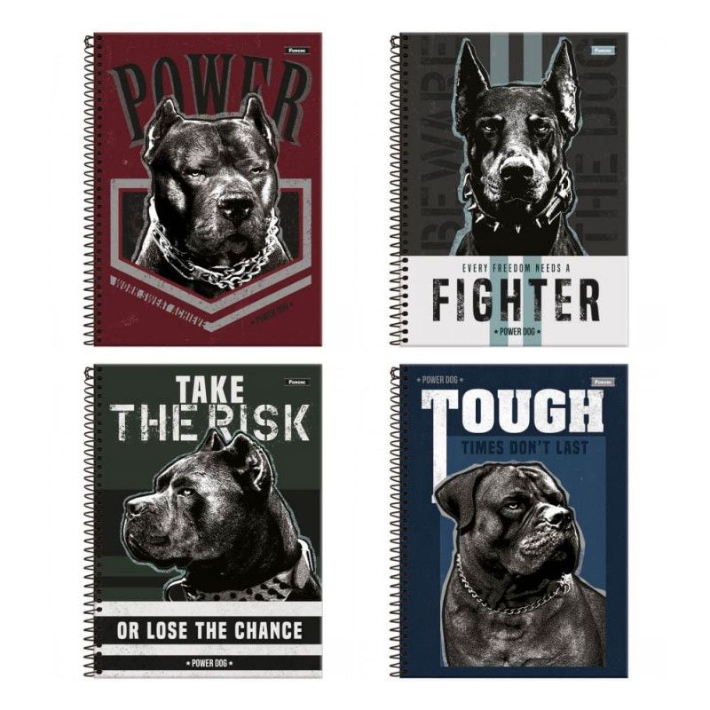 CADERNO 10 MATERIAS CAPA DURA 160 FOLHAS POWER DOG FORONI - REF. 8195 - PACOTE COM 4 UNIDADES