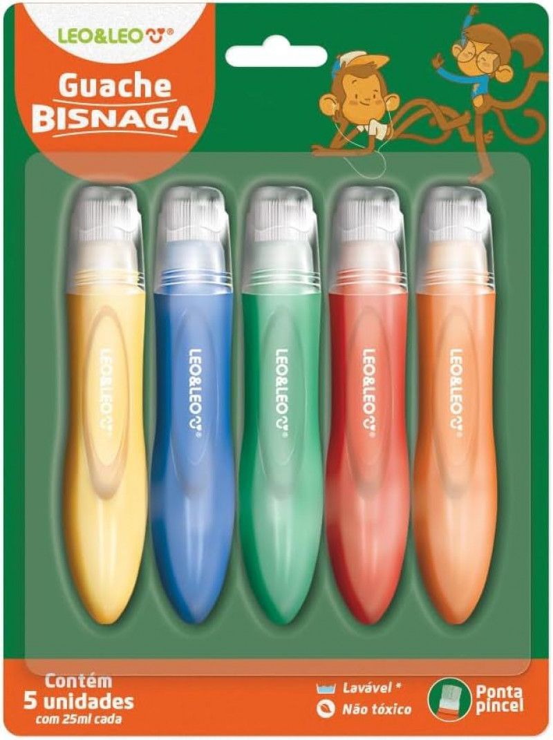 TINTA GUACHE 25ML BISNAGA COM PINCEL 5 CORES LEO E LEO - REF. 10238 - 1 UNIDADE