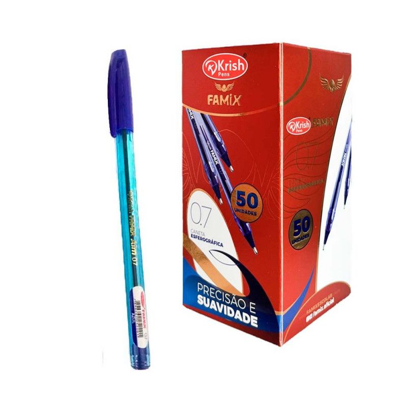 CANETA ESFEROGRAFICA 0.7 KRISH AZUL FAMIX - REF. FCEK-AZ-0.7 - CAIXA COM 50 UNIDADES