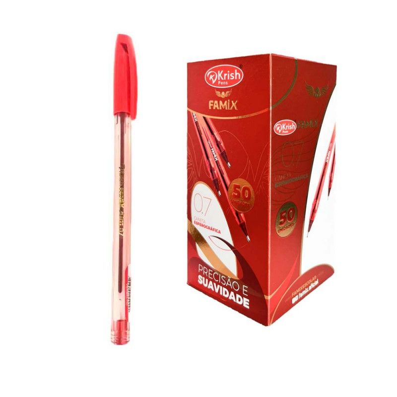 CANETA ESFEROGRAFICA 0.7 KRISH VERMELHO FAMIX - REF. FCEK-VM-0.7 - CAIXA COM 50 UNIDADES