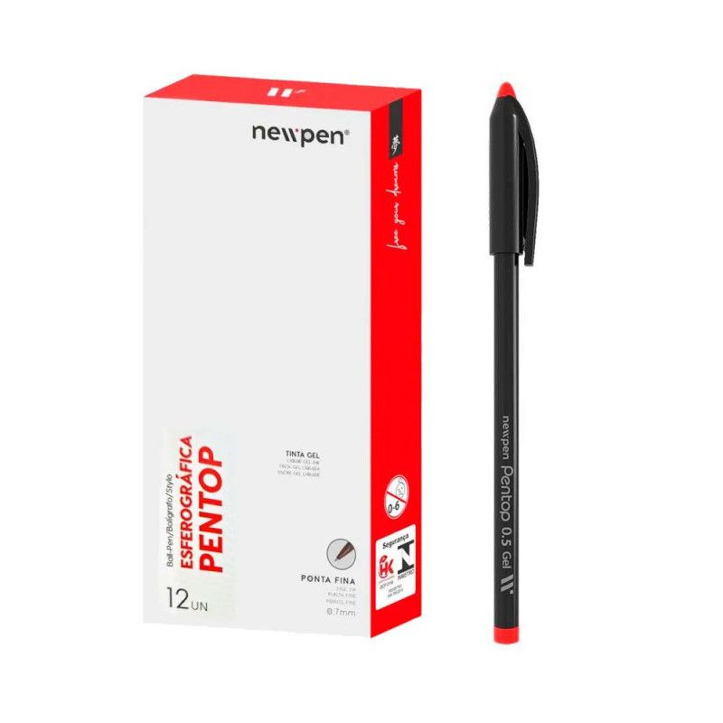 CANETA ESFEROGRAFICA 0.5 PENTOP BLACK VERMELHO NEWPEN - REF. 01.1012 - CAIXA COM 12 UNIDADES