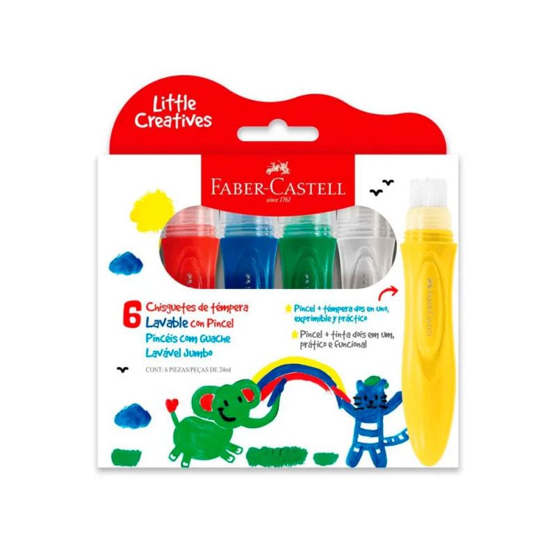 TINTA GUACHE 24ML COM PINCEL 6 CORES LITTLE CREATIVES FABER-CASTELL  - REF. 164004 - 1 UNIDADE
