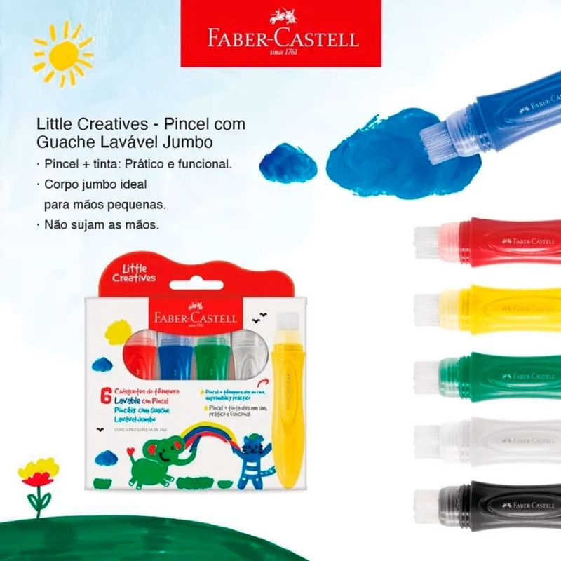 TINTA GUACHE 24ML COM PINCEL 6 CORES LITTLE CREATIVES FABER-CASTELL  - REF. 164004 - 1 UNIDADE
