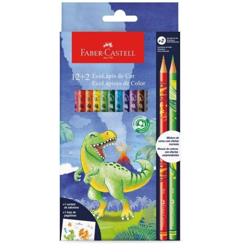 LAPIS 12 CORES +2 COLECAO DINOSSAURO FABER-CASTELL - REF. 120912+2DINO - PACOTE COM 12 UNIDADES