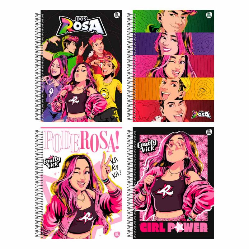 CADERNO 1 MATERIA CAPA DURA 80 FOLHAS DOS ROSA EMILLY VICK ANIMATIVA - REF. 10939 - PACOTE COM 4 UNIDADES
