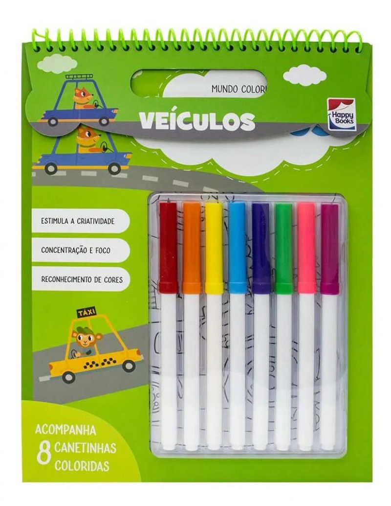 LIVRO MUNDO COLORIDO COM CANETA VEÍCULOS HAPPY BOOK - REF. 316466 - 1 UNIDADE
