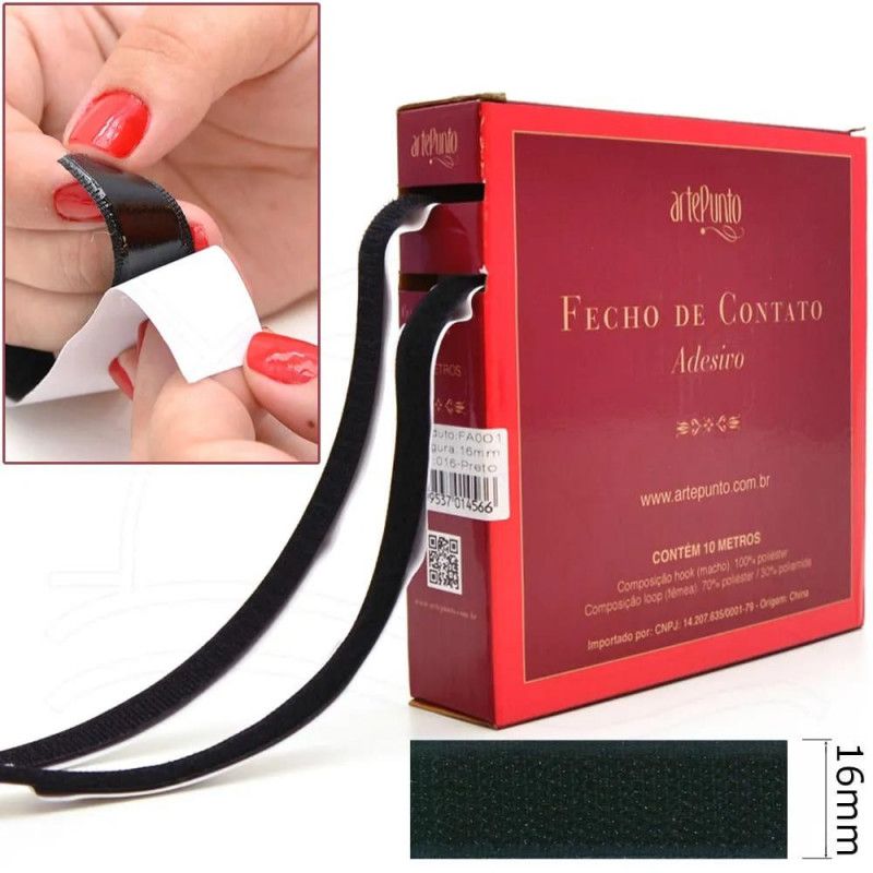 FECHO CONTATO ADESIVO 16MM PRETO ARTEPUNTO – REF. FA001-016 PTO – PACOTE COM 10 UNIDADES