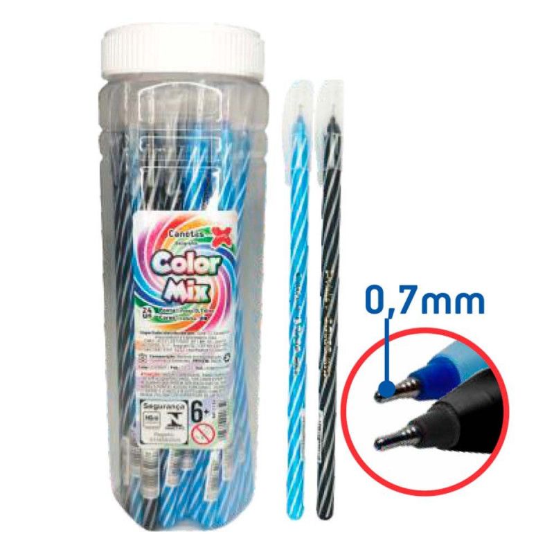 CANETA ESFEROGRAFICA 0.7 COLOR MIX AZ/PRETO MAKE+ - REF. 1124 - CAIXA COM 24 UNIDADES