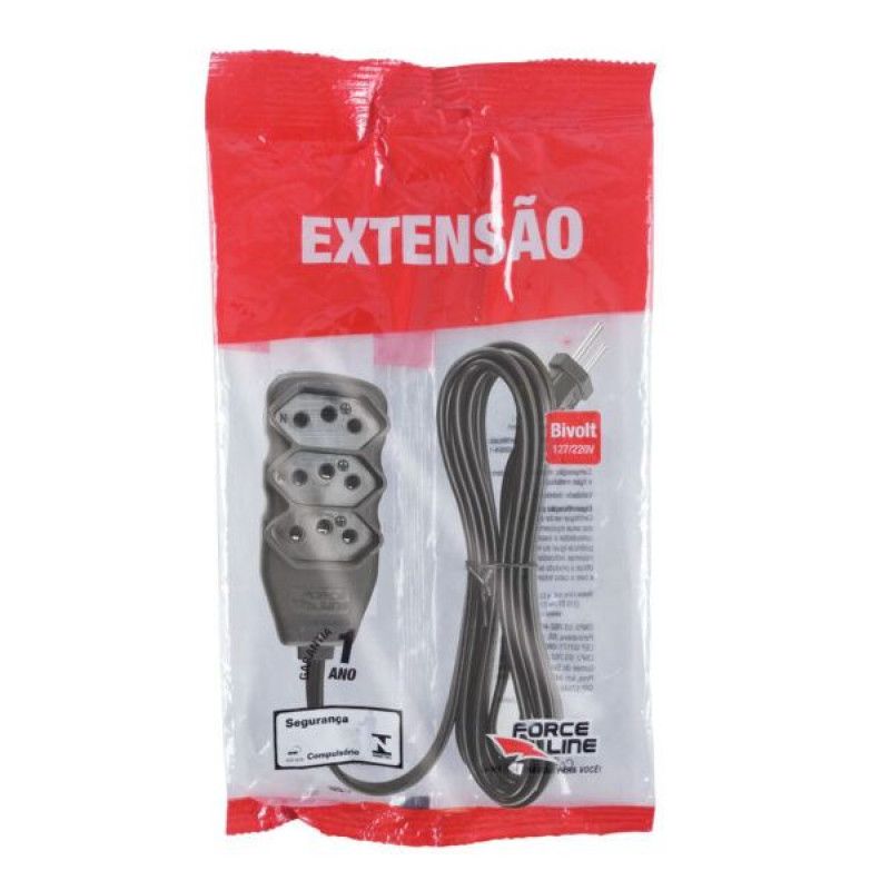 EXTENSAO 3 TOMADAS 1 METRO SLIM TRIPOLAR PRETO FORCE LINE - REF. 0180200252 - 1 UNIDADE