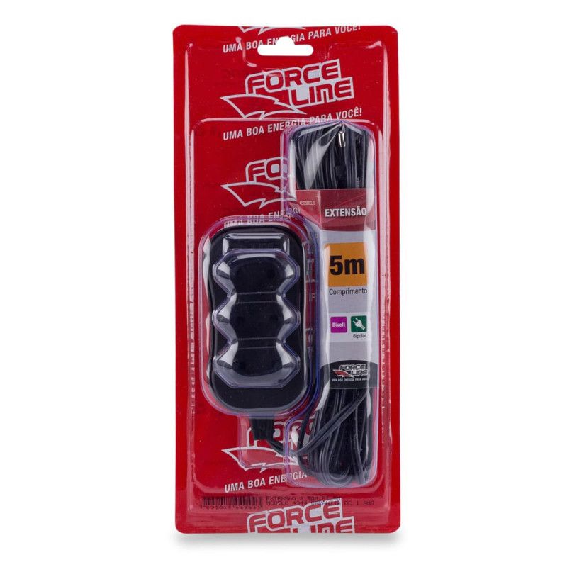 EXTENSAO 3 TOMADAS 5 METROS BIPOLAR PRETO FORCE LINE - REF. 4944 - 1 UNIDADE